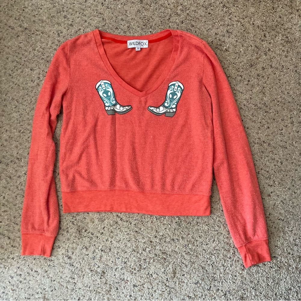 Wildfox alien cowboy boot red brushed fleece V neck BBJ sweater western casual